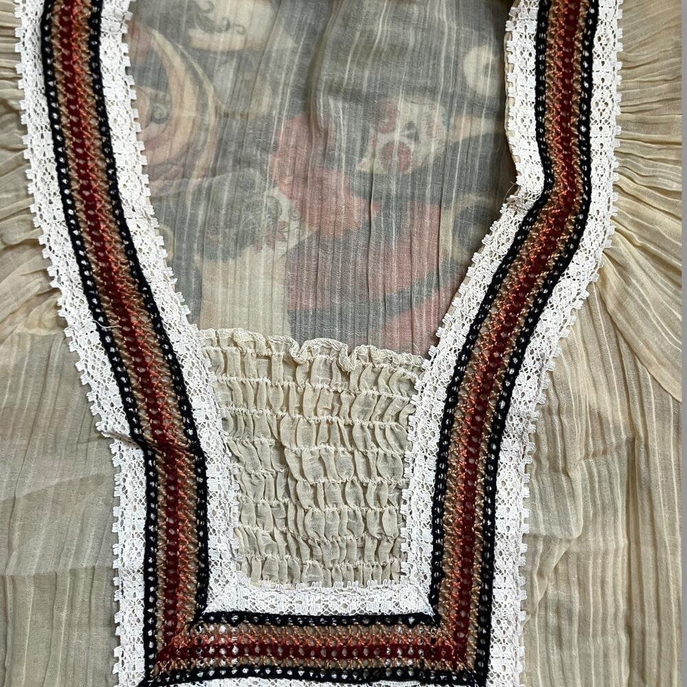 Vintage Sheer Peasant Blouse Boho Lace Trim Cream Top Size Large - Picture 7 of 7